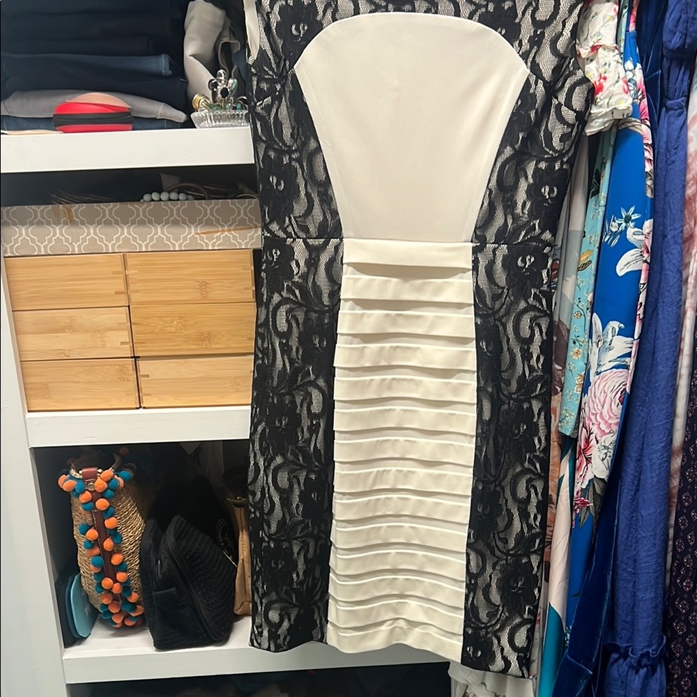 Cache Black and White Pleated Ruched Sheath Midi Dress - Picture 6 of 7